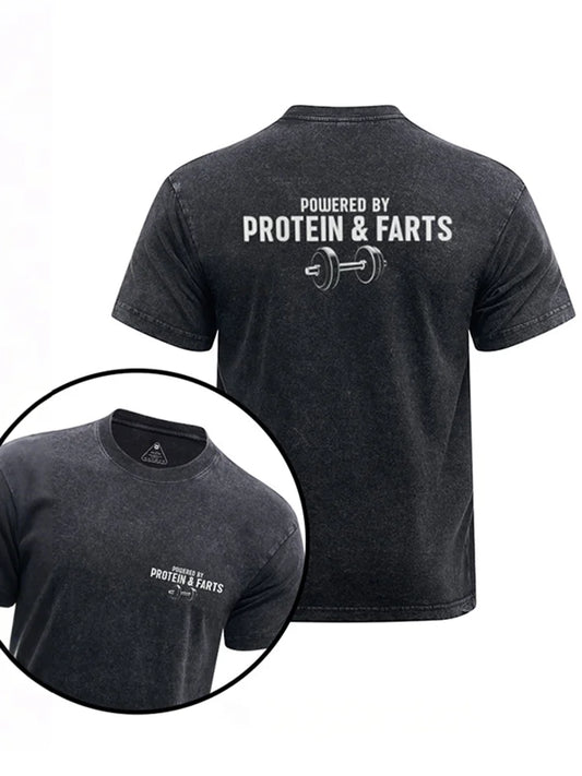 Cardydony Powered By Protein & Farts Printed Washed Gym Shirt