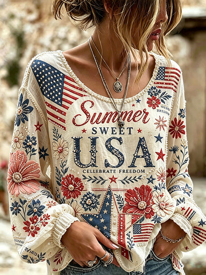 Cardydony Boho Patriotic Floral Summer Sweet Usa Flag Rhinestone Sleeve Top