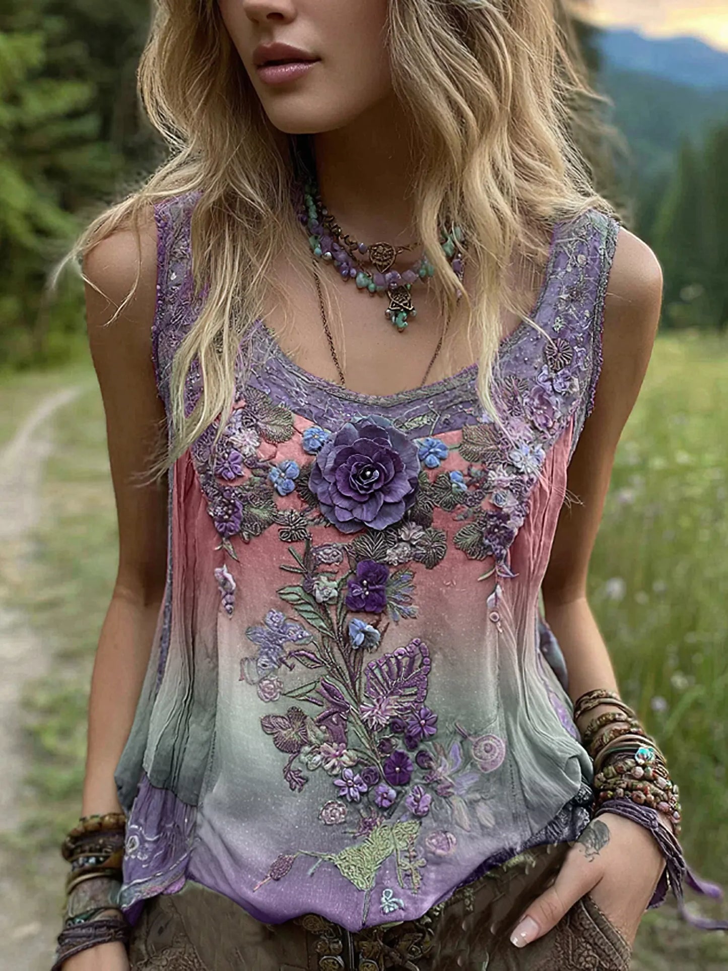 Cardydony Vintage Classy Gradient Purple Lavender And Floral Embroidered Pattern Linen Tank Top