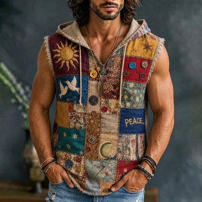 Cardydony Men's Retro Hippie Patchwork Sun Peace Print Cotton Linen Hooded Tank Top