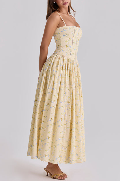 Cardydony Women's Romantic Countryside Stretch Cotton Blend Floral Print Cutout Trim Slip Midi Dress