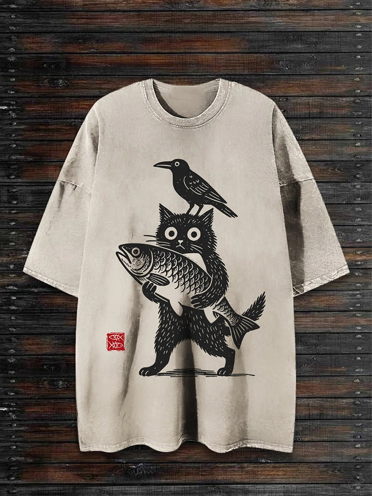 Cardydony Men's Cat Holding Fish Japanese Art Print T-shirt