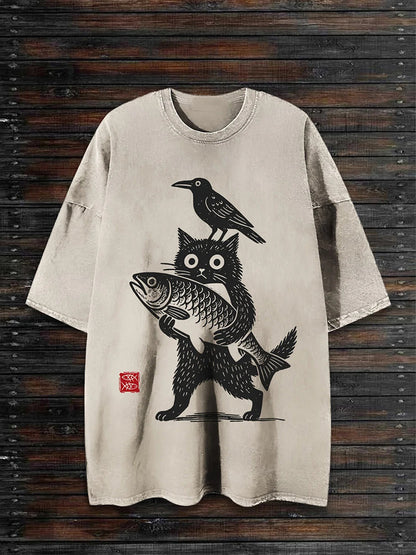 Cardydony Men's Cat Holding Fish Japanese Art Print T-shirt
