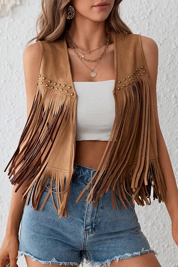 Cardydony Women's Stylish Suede V-neck Sleeveless Casual Studded Tassel Vest