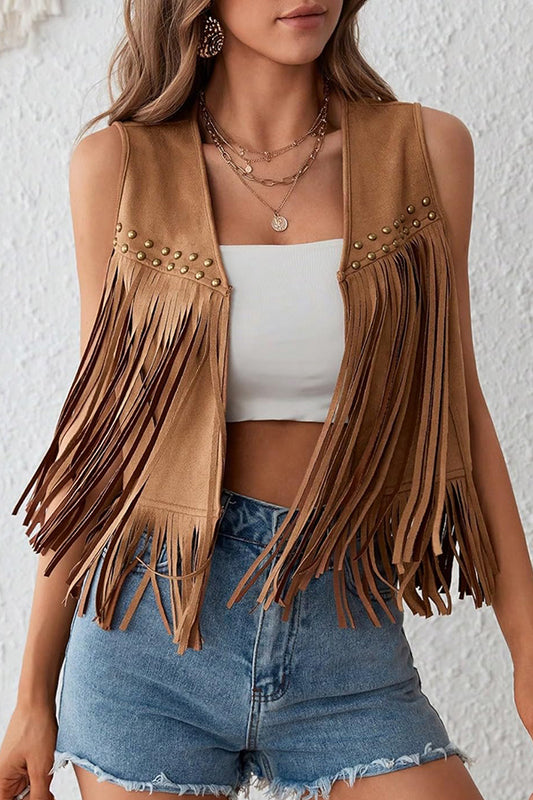 Cardydony Women's Stylish Suede V-neck Sleeveless Casual Studded Tassel Vest