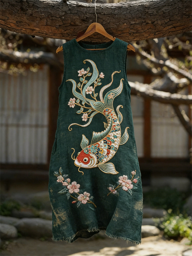 Cardydony Koi Carp Fish Cherry Blossom Flowy Linen Tank Dress