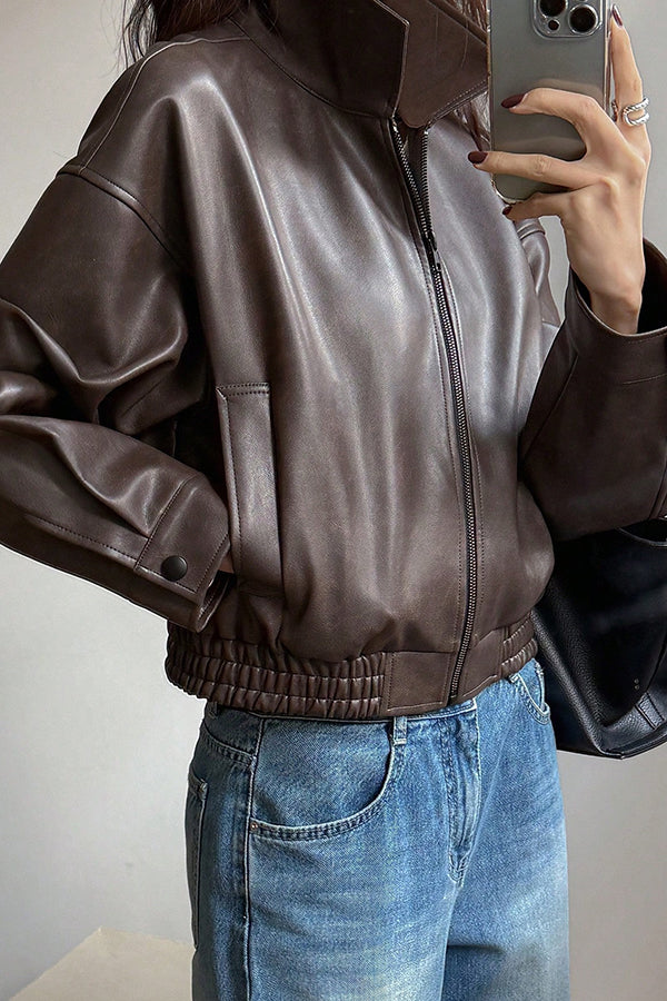 Cardydony Women's Fashion Lapel Long Sleeve Casual Pocket Short Leather Jacket