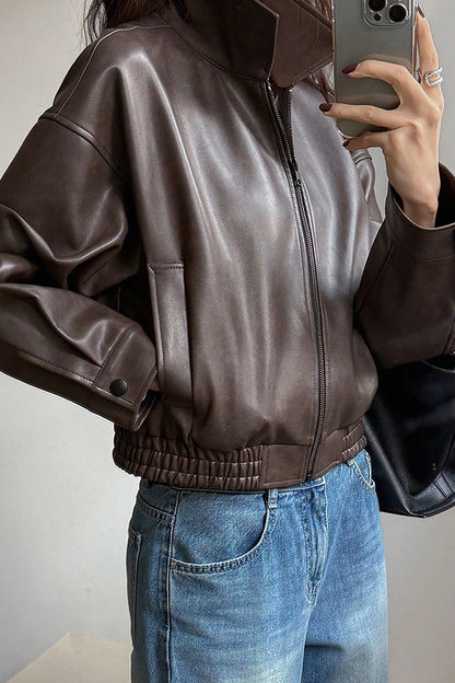 Cardydony Women's Fashion Lapel Long Sleeve Casual Pocket Short Leather Jacket