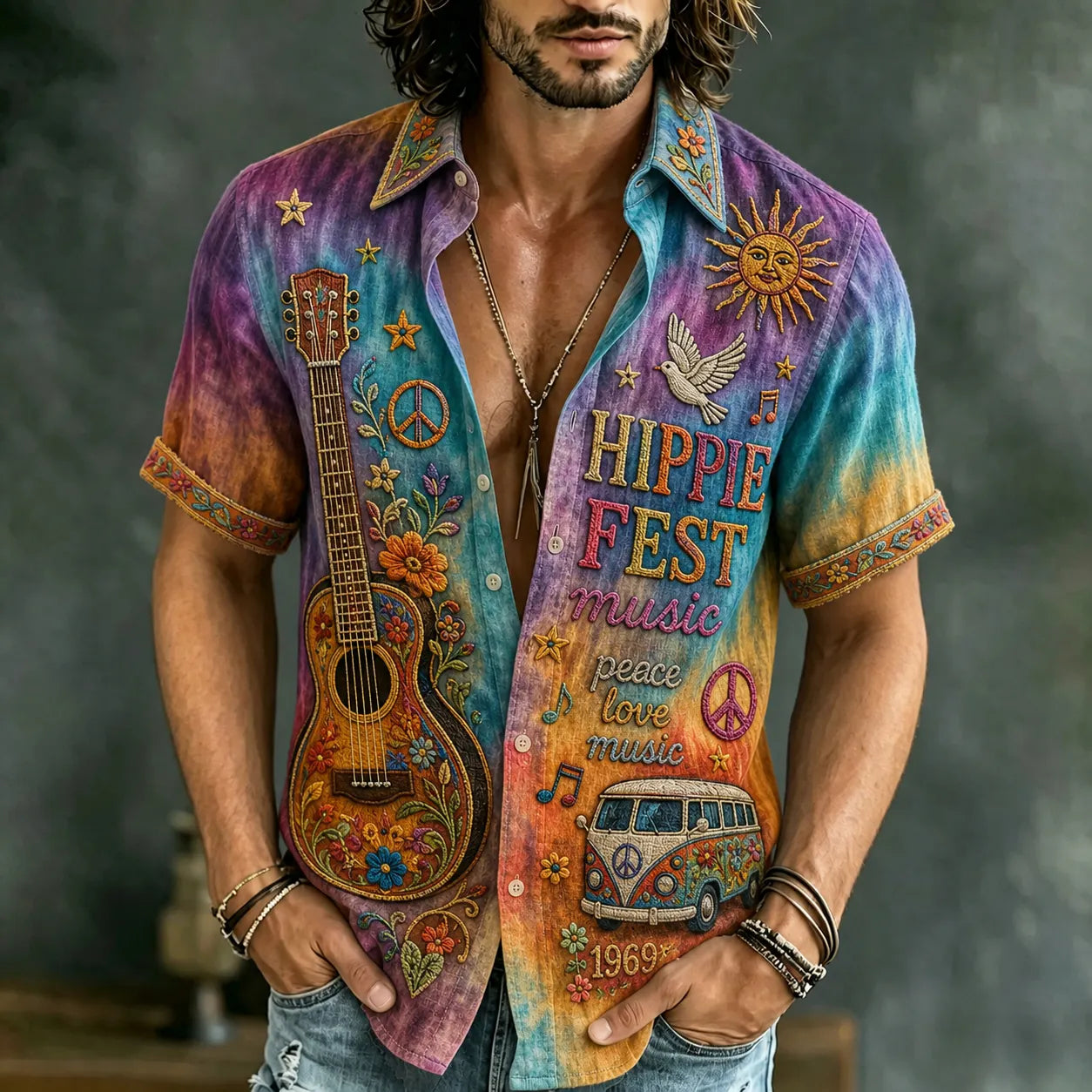 Cardydony Men's Retro Bohemian Hippie Style Floral Print Short-sleeve Shirt