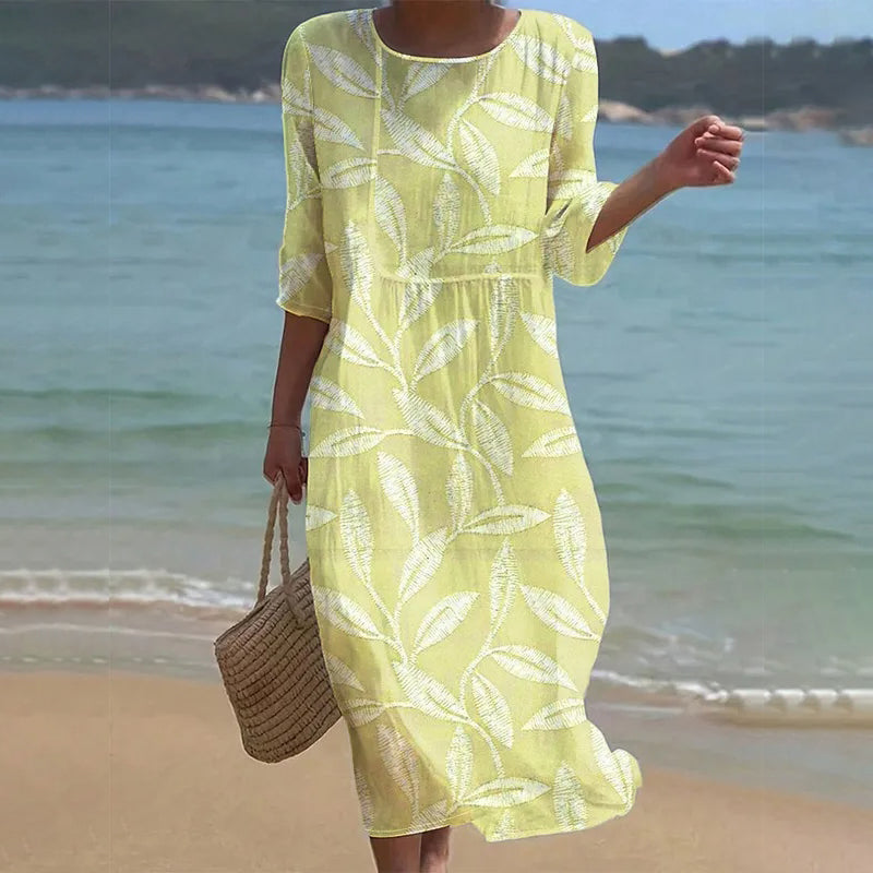 Cardydony Women's Leaf Print Linen Blend Midi Dress
