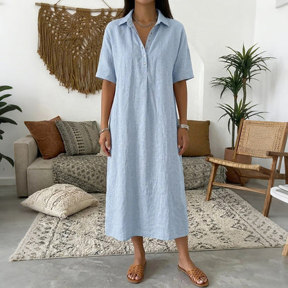 Cardydony Women's Solid Color Lapel Linen Blend Shirt Midi Dress