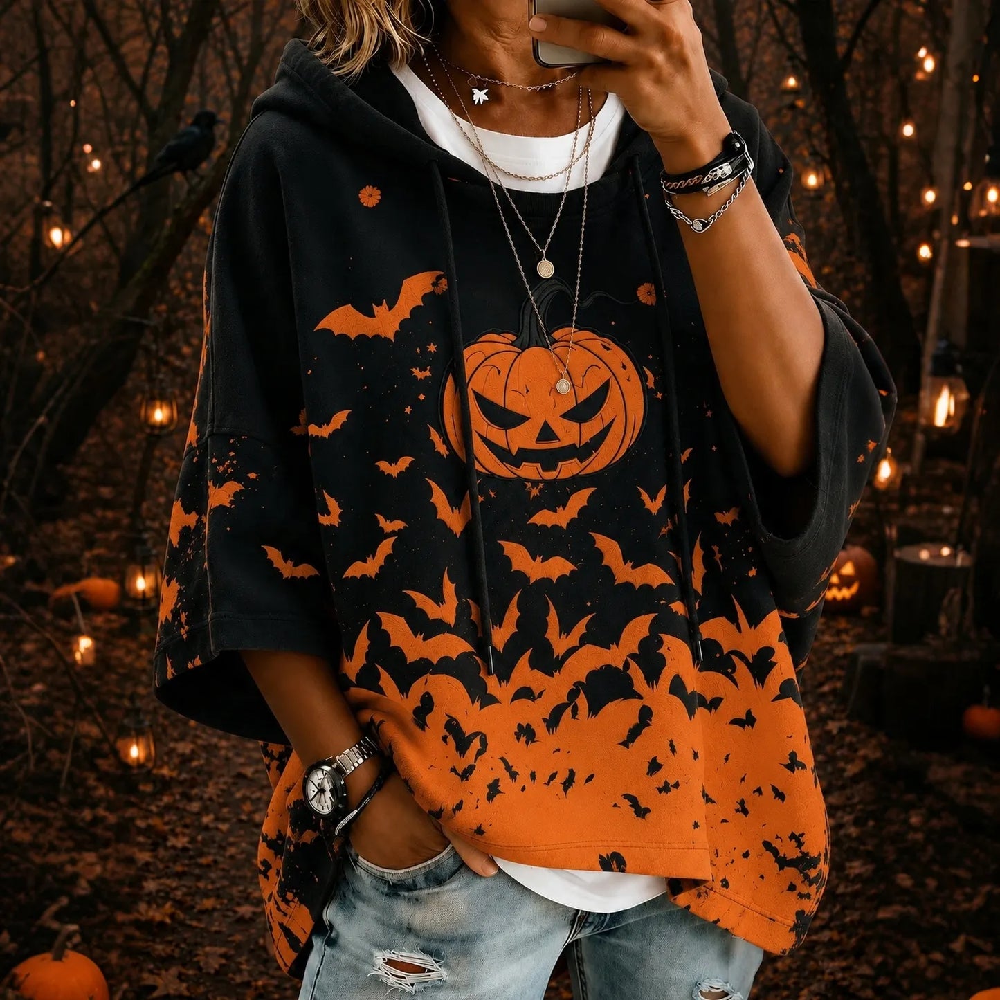 Cardydony Women's Halloween Pumpkin And Bat Art Print Casual Hoodie