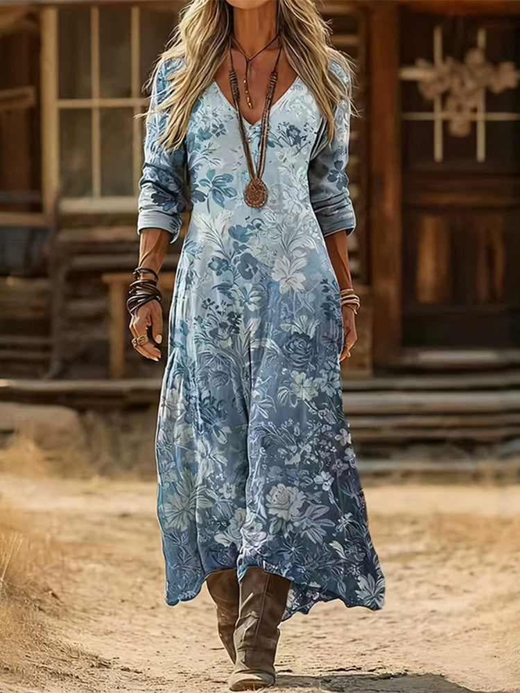 Cardydony Women Floral V Neck Printing Vintage Spring/fall Daily Maxi H-line Dress