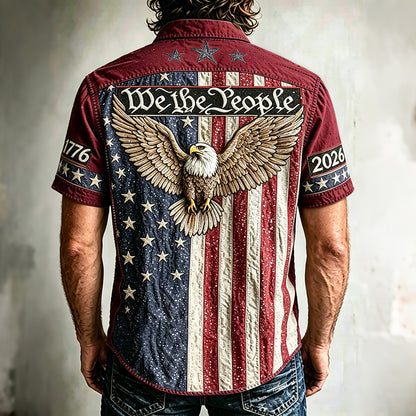 Cardydony Men's Vintage Independence Day And Eagle Print Short-sleeve Shirt