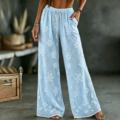 Cardydony Women's White Rose Art Embroidered Linen Blend Pants