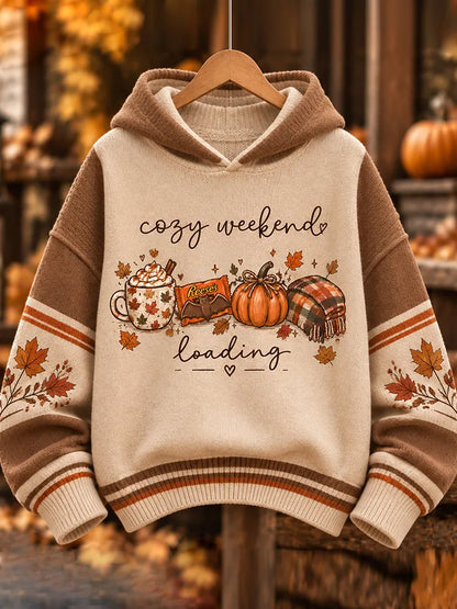 Cardydony Women's Pumpkin Maple Leaf Print Fall Color Block Hooded Sweater