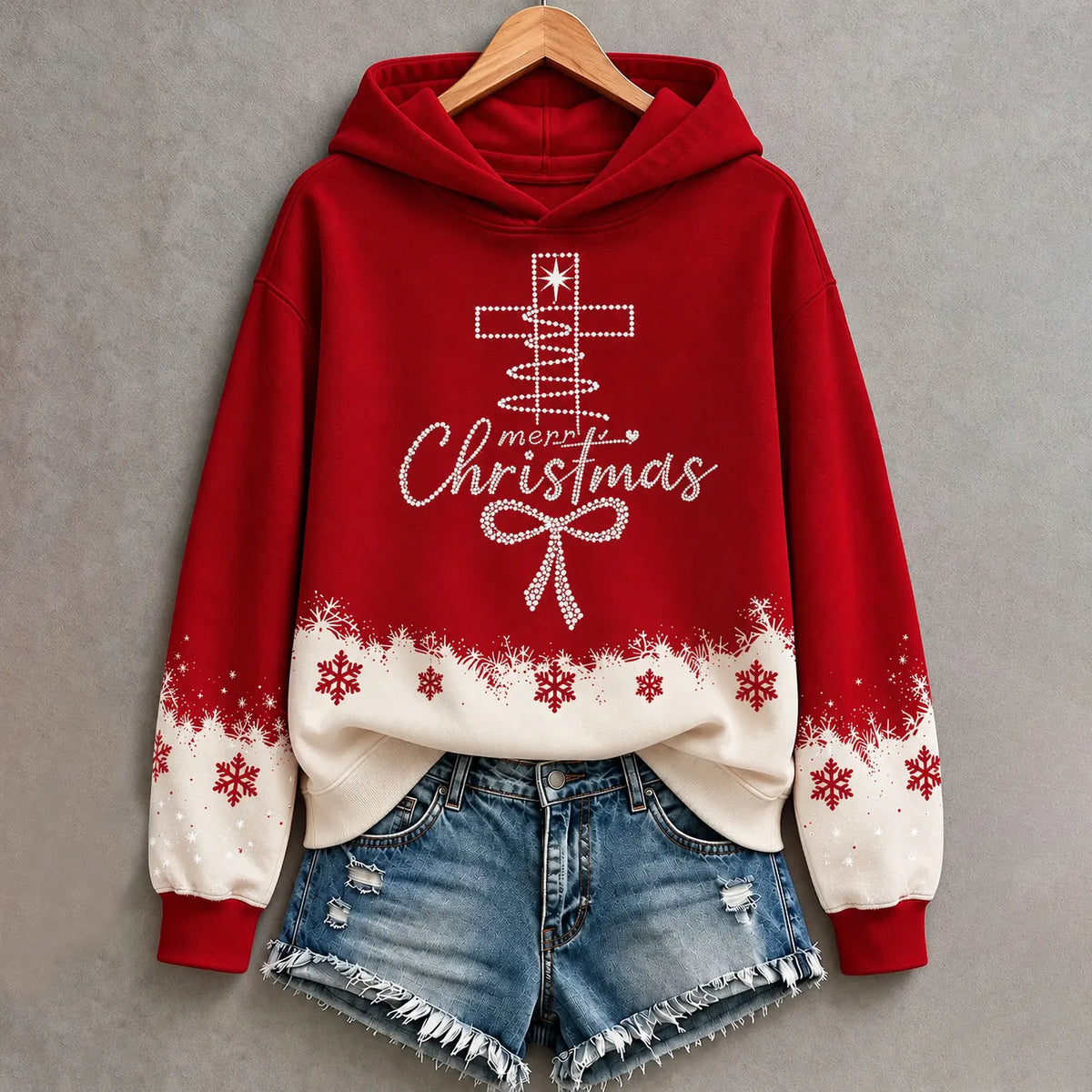 Cardydony Women's Faith Inspired Merry Christmas Cross Graphic Relaxed Fit Snowflake Hooded Hoodie
