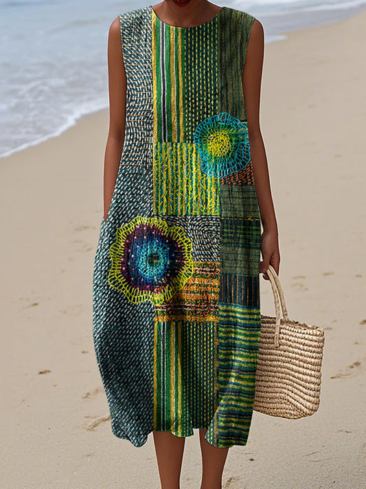 Cardydony Vintage Patchwork Art Pattern Linen Blend Tank Dress