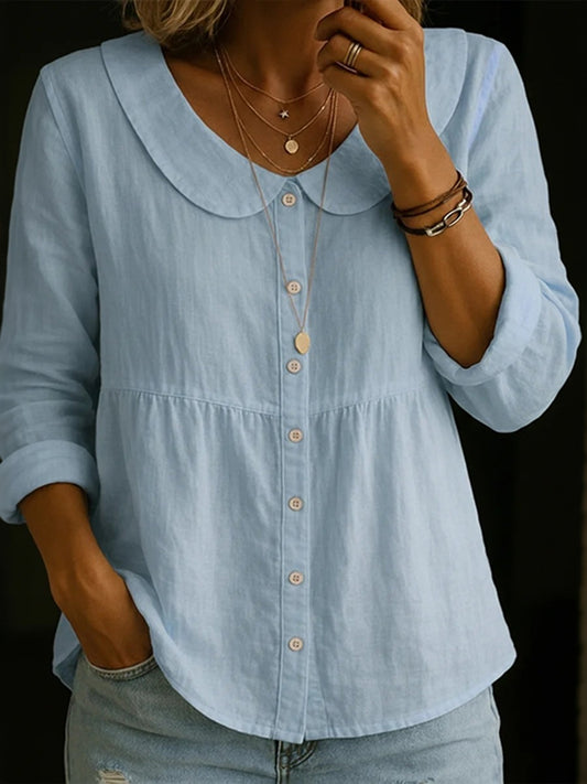Cardydony Women's Solid Color Cotton Linen Button-up Top