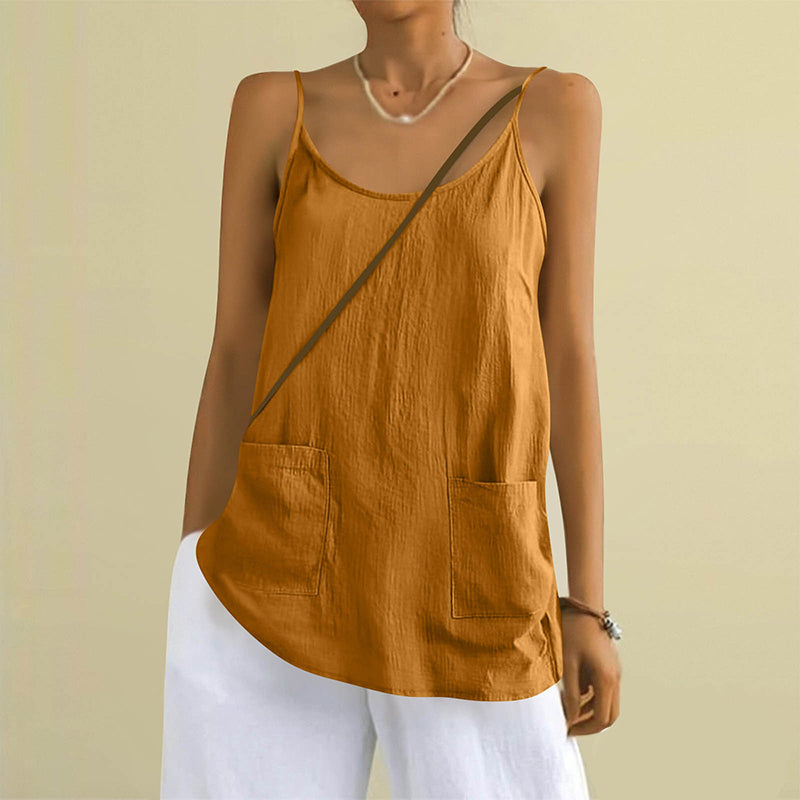 Cardydony Women's Solid Color Sleeveless Linen Blend Pocket Camisole