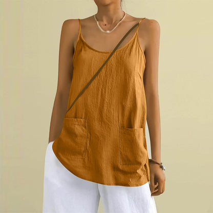 Cardydony Women's Solid Color Sleeveless Linen Blend Pocket Camisole