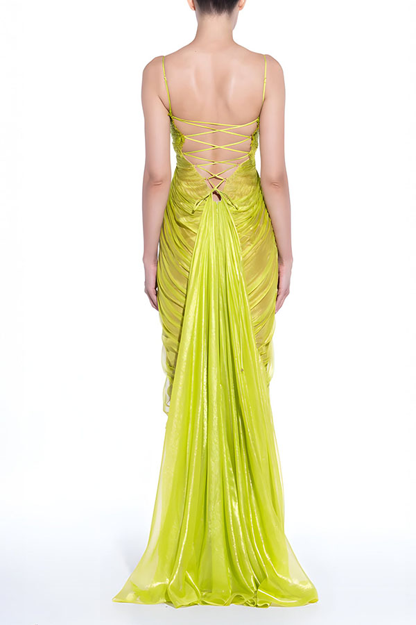Cardydony Women's Victoria Shimmering and Flowing Pleated Fabric Back Lace-up Drape Maxi Dress