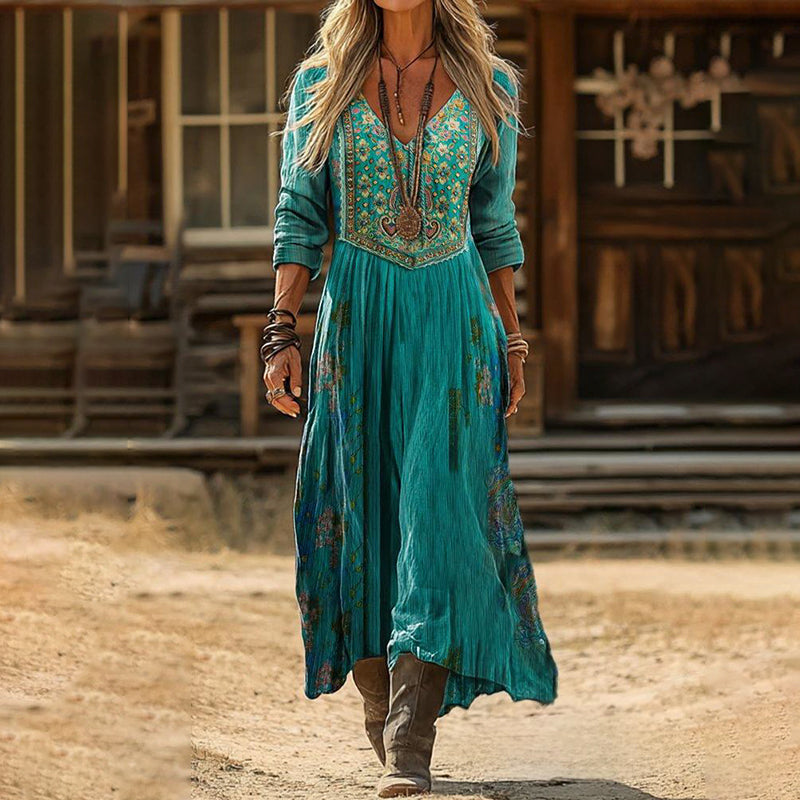 Cardydony Vintage Ethnic Floral Art Pattern Linen Blend V-neck Loose Long Sleeve Midi Dress