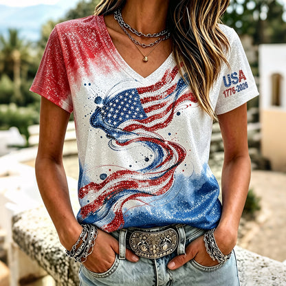 Cardydony Women's Independence Day Flag Print V-neck Short Sleeve T-shirt