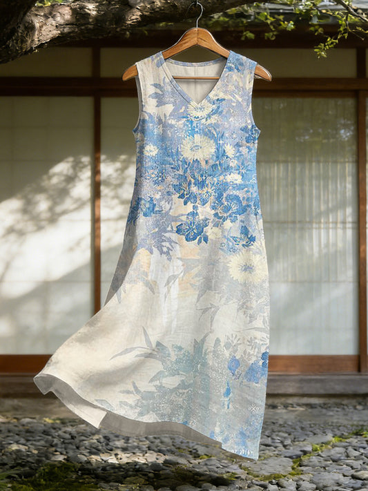 Cardydony Vintage Japanese Floral Painting Art Linen Midi Dress