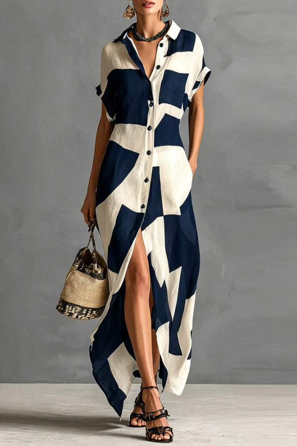 Cardydony Women's  Geometric Color-blocked Print Lapel Short-sleeved Button-down Casual Maxi Dress