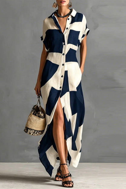 Cardydony Women's  Geometric Color-blocked Print Lapel Short-sleeved Button-down Casual Maxi Dress