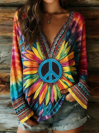 Cardydony Women's Peace Tie-dye Ethnic Art Pattern Casual Long-sleeve V-neck T-shirt