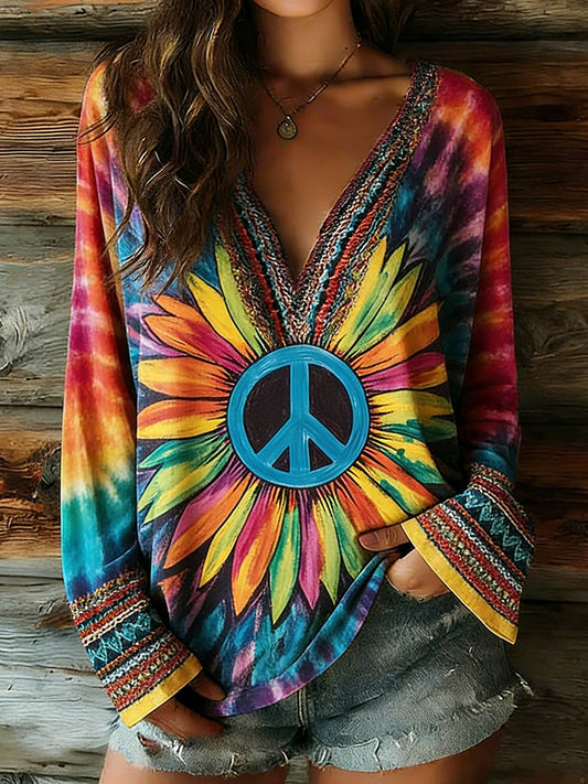Cardydony Women's Peace Tie-dye Ethnic Art Pattern Casual Long-sleeve V-neck T-shirt