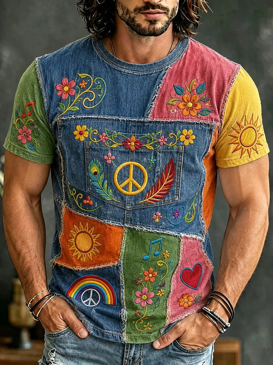Comstylish Men's Vintage Hippie Patchwork Art Floral Embroidered Short Sleeve T-shirt