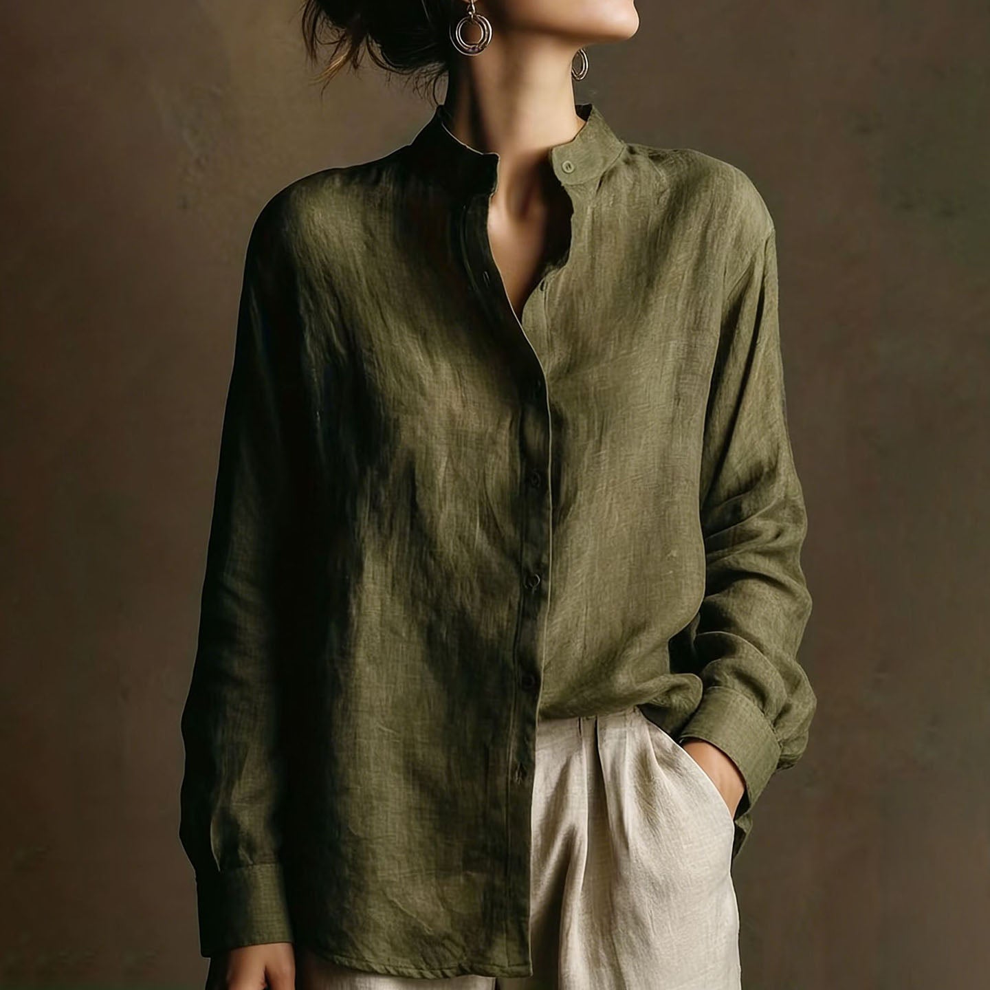 Cardydony Vintage Loose Cotton Linen Stand Collar Long Sleeved Shirt