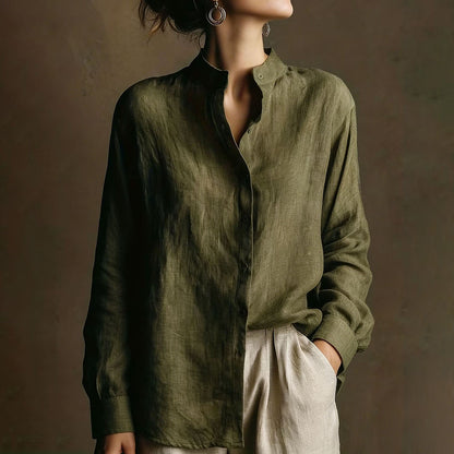Cardydony Vintage Loose Cotton Linen Stand Collar Long Sleeved Shirt