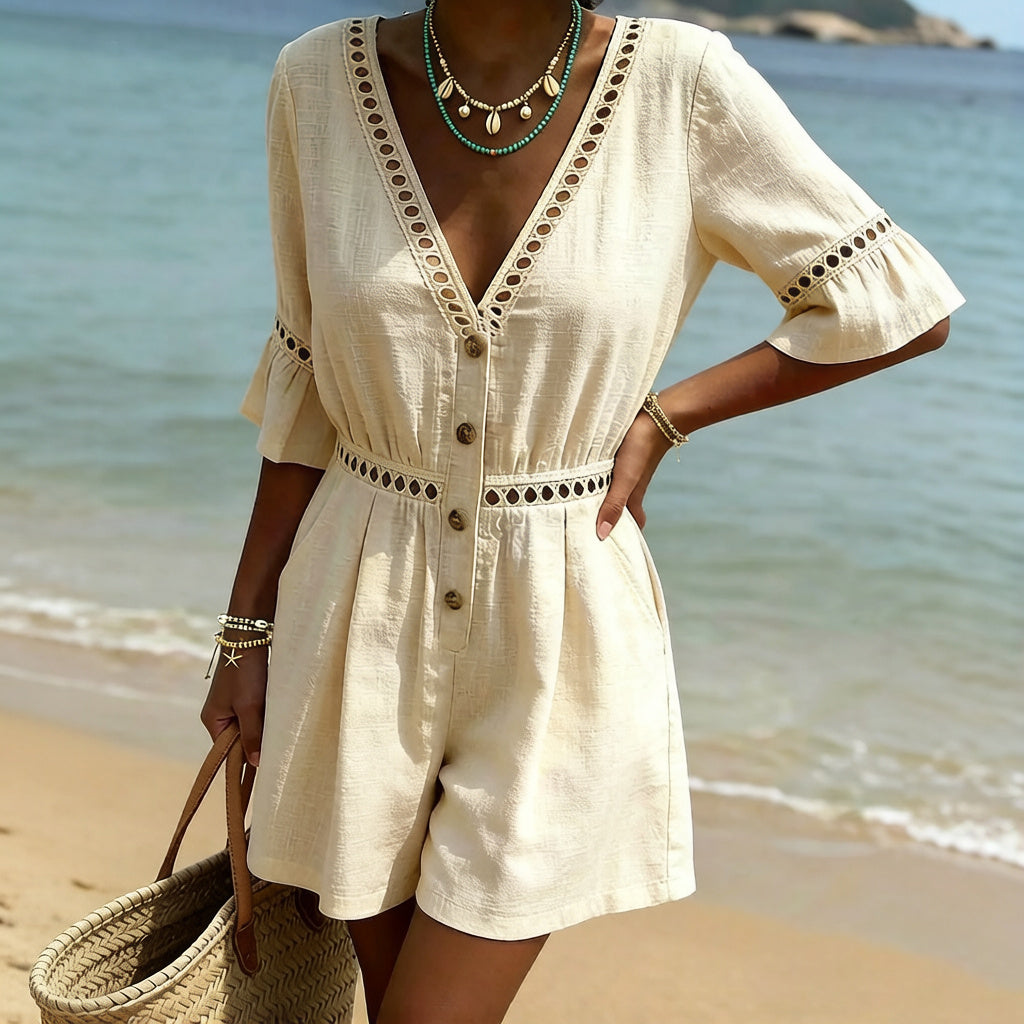 Cardydony Women's Vintage Hollow-out Design Cotton Linen Mini Jumpsuit
