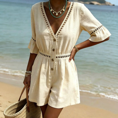 Cardydony Women's Vintage Hollow-out Design Cotton Linen Mini Jumpsuit