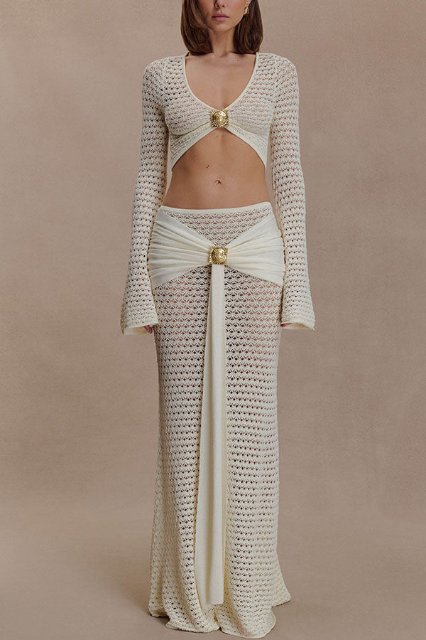 Cardydony Women's Mania Knit Hardware Detail Bell Sleeve Crop Top and Gathered Overlay Sash Stretch Maxi Skirt Set