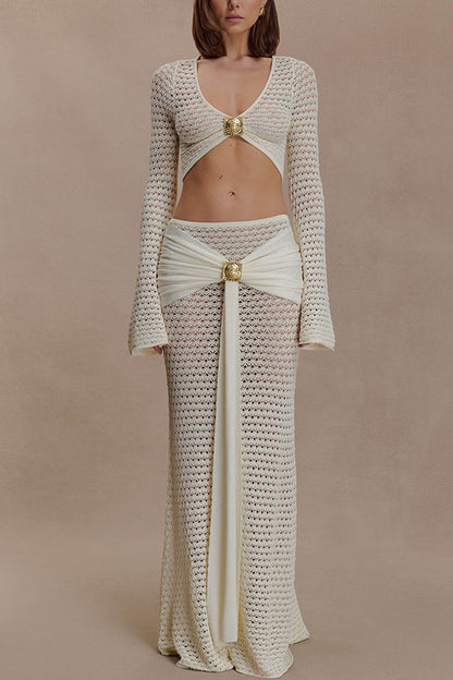 Cardydony Women's Mania Knit Hardware Detail Bell Sleeve Crop Top and Gathered Overlay Sash Stretch Maxi Skirt Set