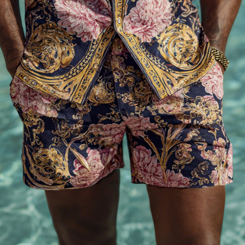 Cardydony Men's Fashion Baroque Floral Pattern Cuban Shirt And Shorts Two-piece Set