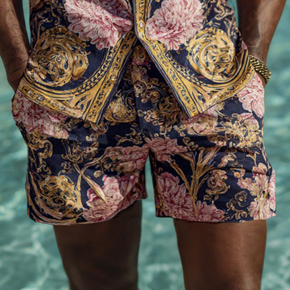 Cardydony Men's Fashion Baroque Floral Pattern Cuban Shirt And Shorts Two-piece Set