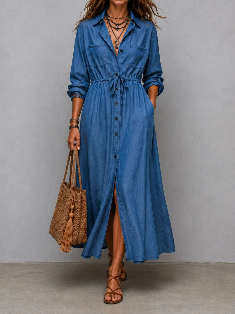 Cardydony Elegant Long-sleeved Drawstring Waist Shirt Dress Maxi Dress