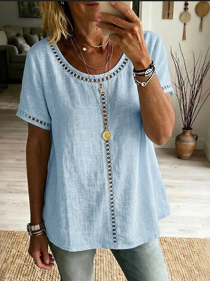 Cardydony Women's Vintage Hollow-out Design Cotton Linen Shirt