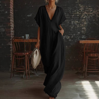 Cardydony Women's Elegant Lace-trimmed Linen-cotton Maxi Dress