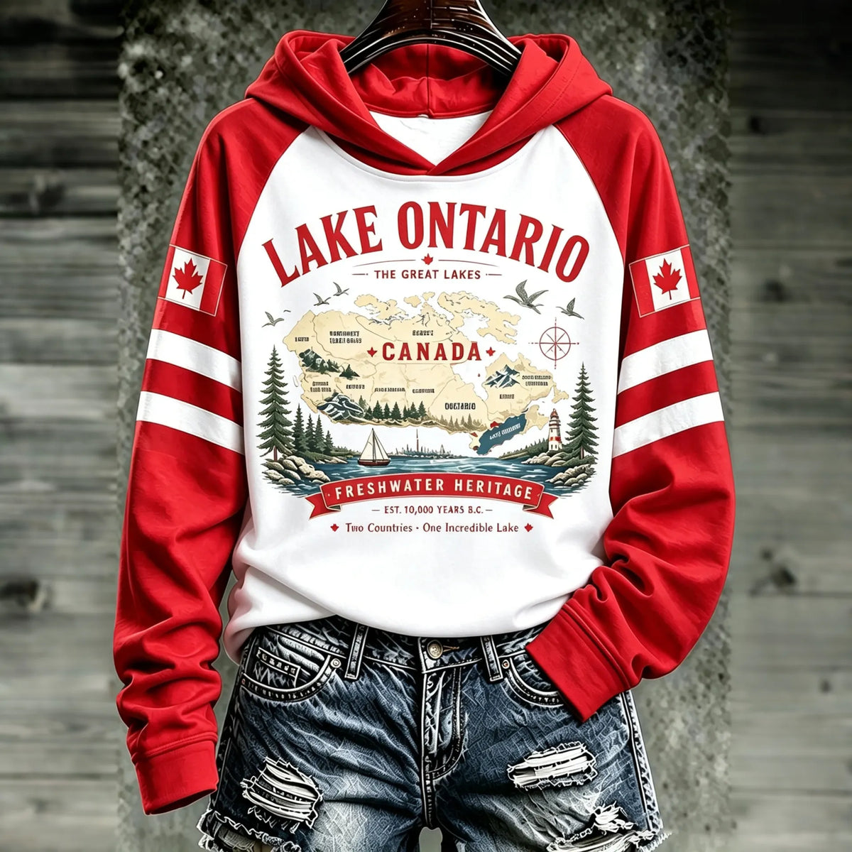 Cardydony Women's Retro Canada Lake Ontario Print Hoodie