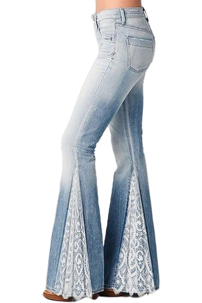 Cardydony Women's Fashionable Gradient Stitching Lace Imitation Denim Casual Flared Pants