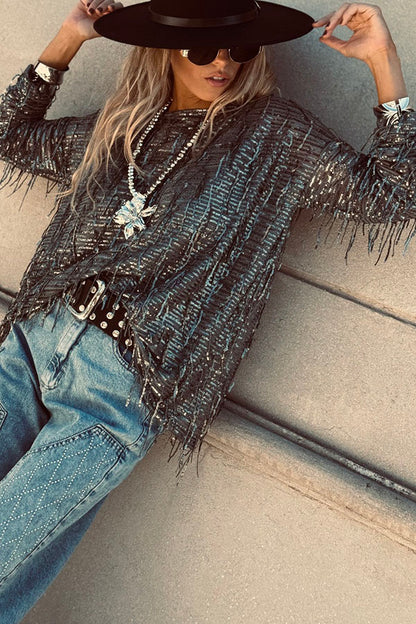 Cardydony Women's Party Crasher Sequin Tassle Fabric Long Sleeve Loose Top