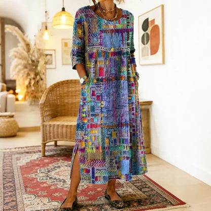 Cardydony Women's Colorful Geometric Art Pattern Round Neck Loose Midi Dress
