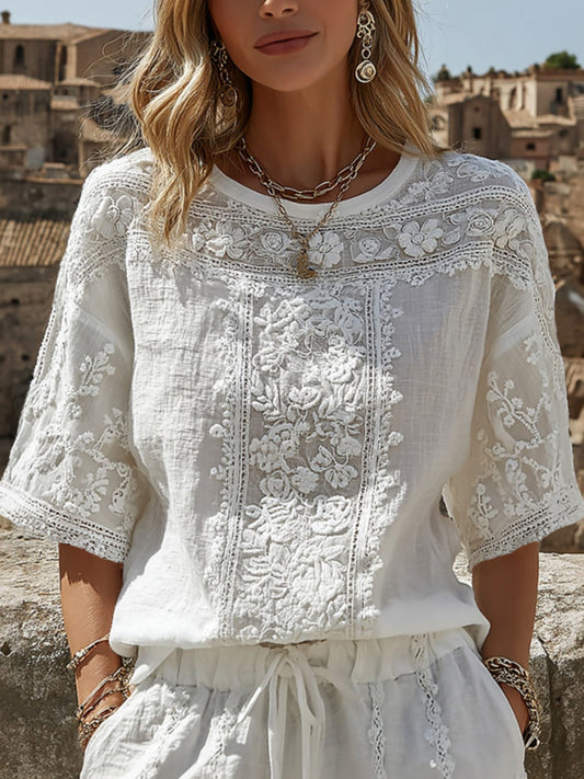 Cardydony Women's Retro Floral Art Embroidery Cotton Linen Round Neck Short Sleeve T-shirt